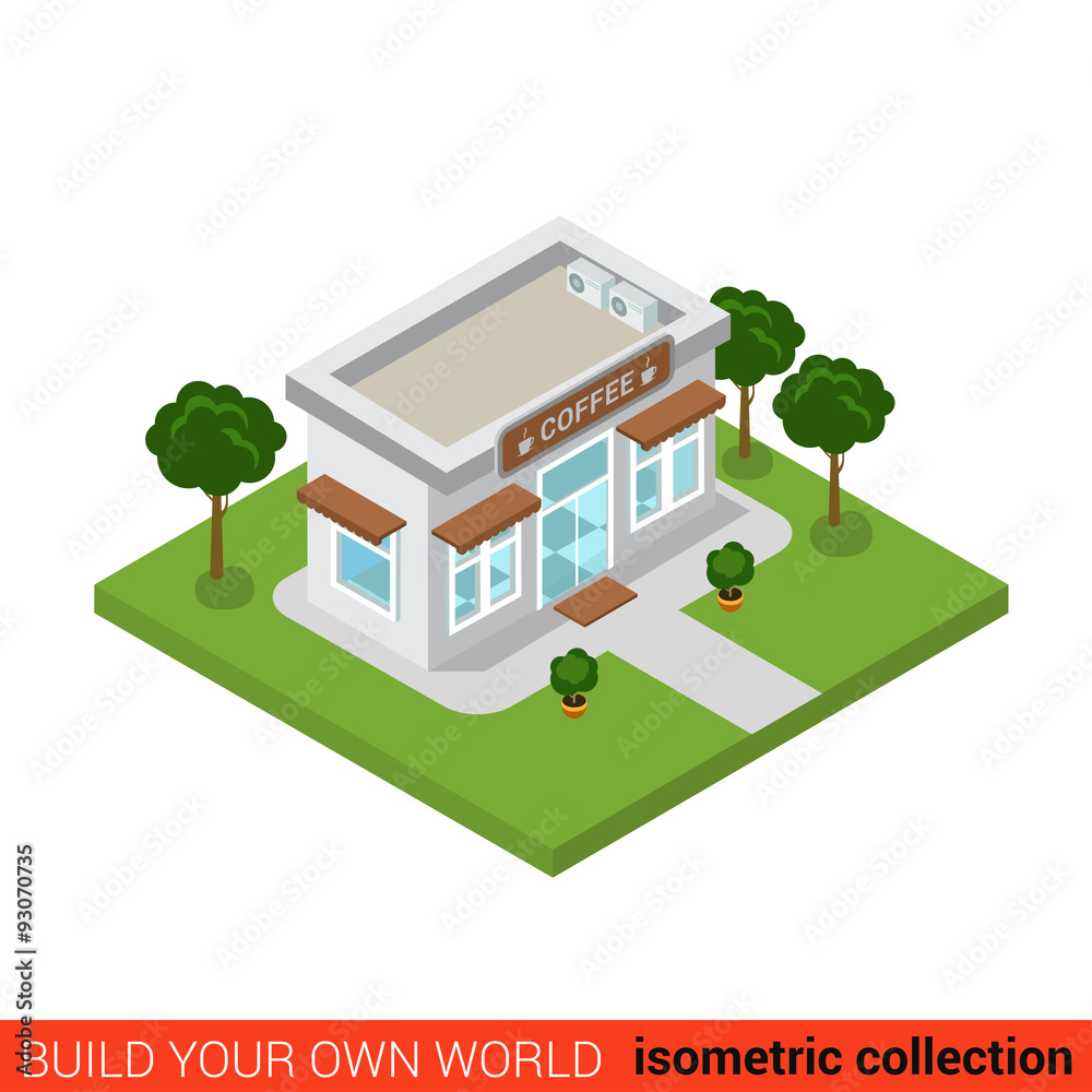 Flat 3d isometric vector coffee shop cafe restaurant building