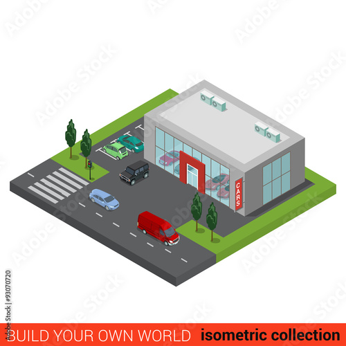 Flat vector isometric auto car dealership sale building