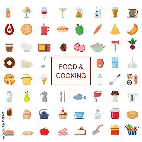 60 flat vector cooking food drink kitchenware meal icon set