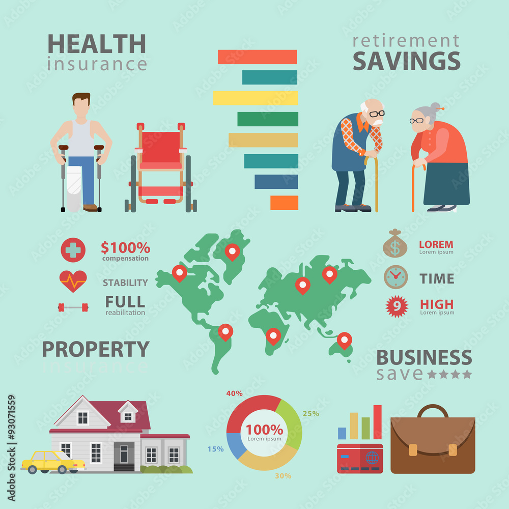 Health insurance retirement oldies property vector infographic Health insurance retirement oldies property vector infographic