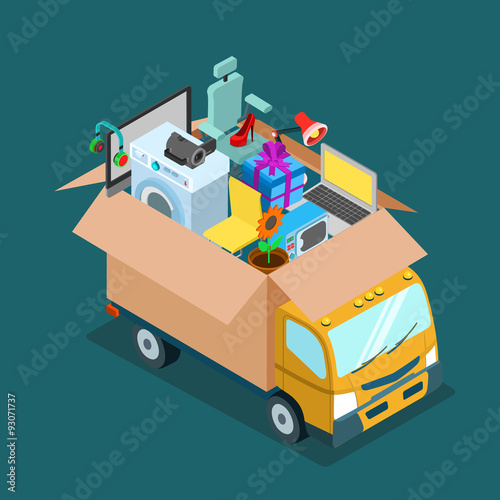 Delivery internet shopping home move flat vector isometric van