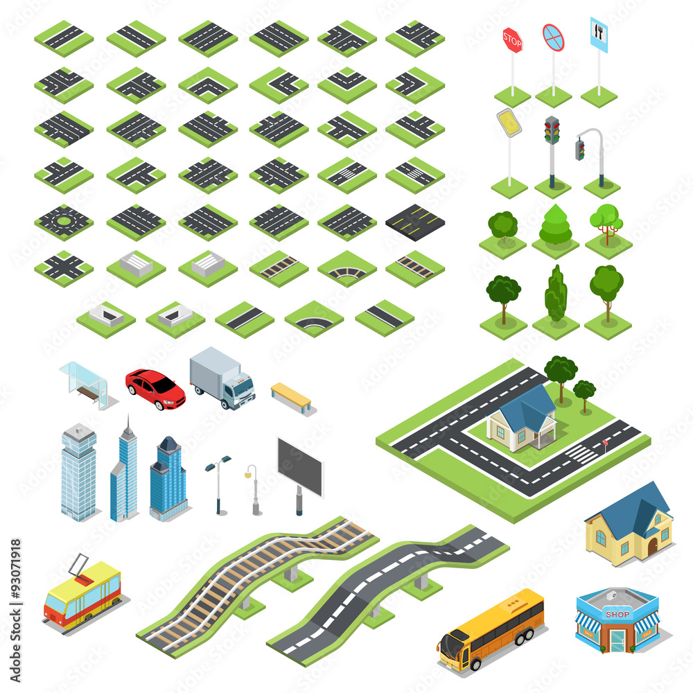 Street city road sign building blocks isometric vector flat Stock ...