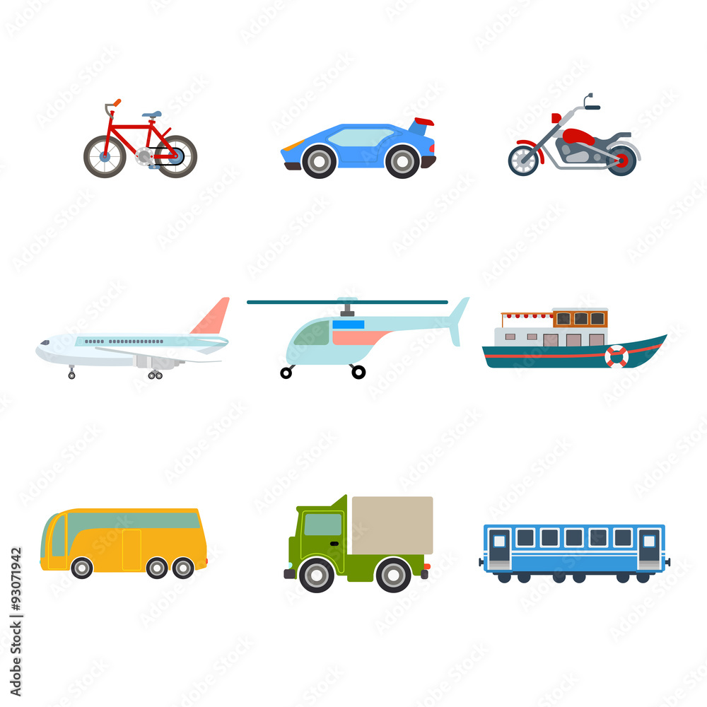 Fototapeta premium Flat vector city transport icon: bicycle bike bus truck plane