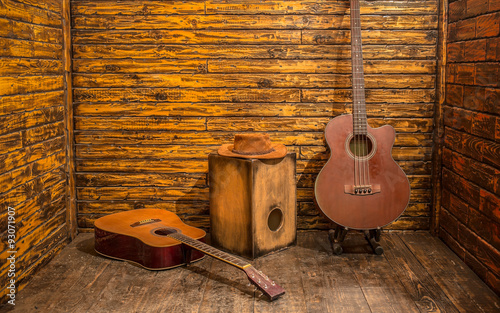 Acoustic music instruments on wooden stage