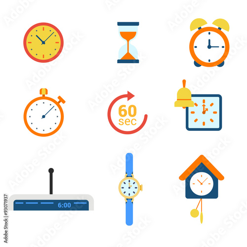 Time flat vector web icons: clock alarm watch timer hourglass