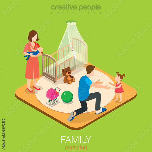 Family time parenting flat vector 3d dad room daughter mom son