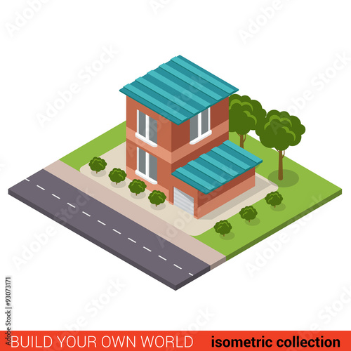 Two floor building block with garage - vector 3d architecture