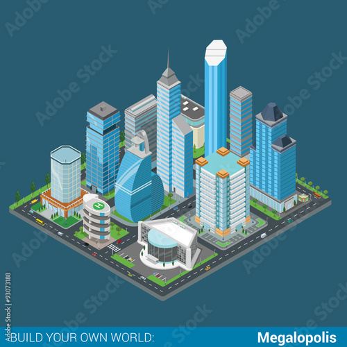 Flat 3d isometric megalopolis building street: skyscrapers mall