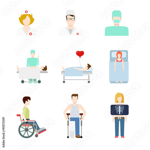 Vector flat medical web icons: hospital patient x-ray doc nurse