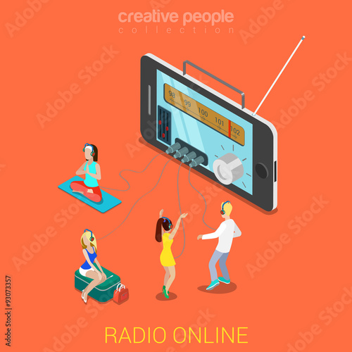 Flat 3d vector isometric online music internet radio listening