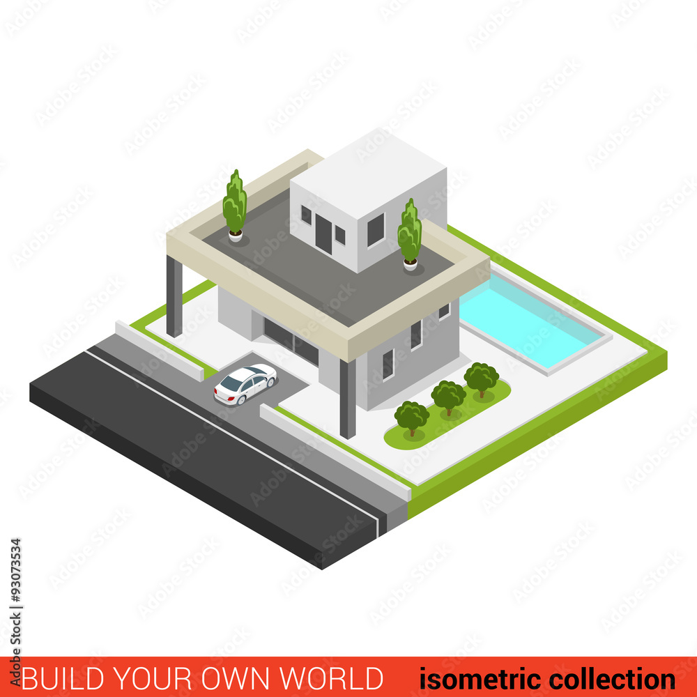 Flat 3d isometric vector family house backyard pool building Flat 3d isometric vector family house backyard pool building