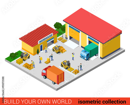 Flat isometric vector warehouse building transport loading box