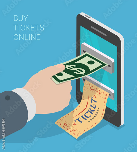 Flat 3d isometric mobile ticket buy online: smartphone ticket
