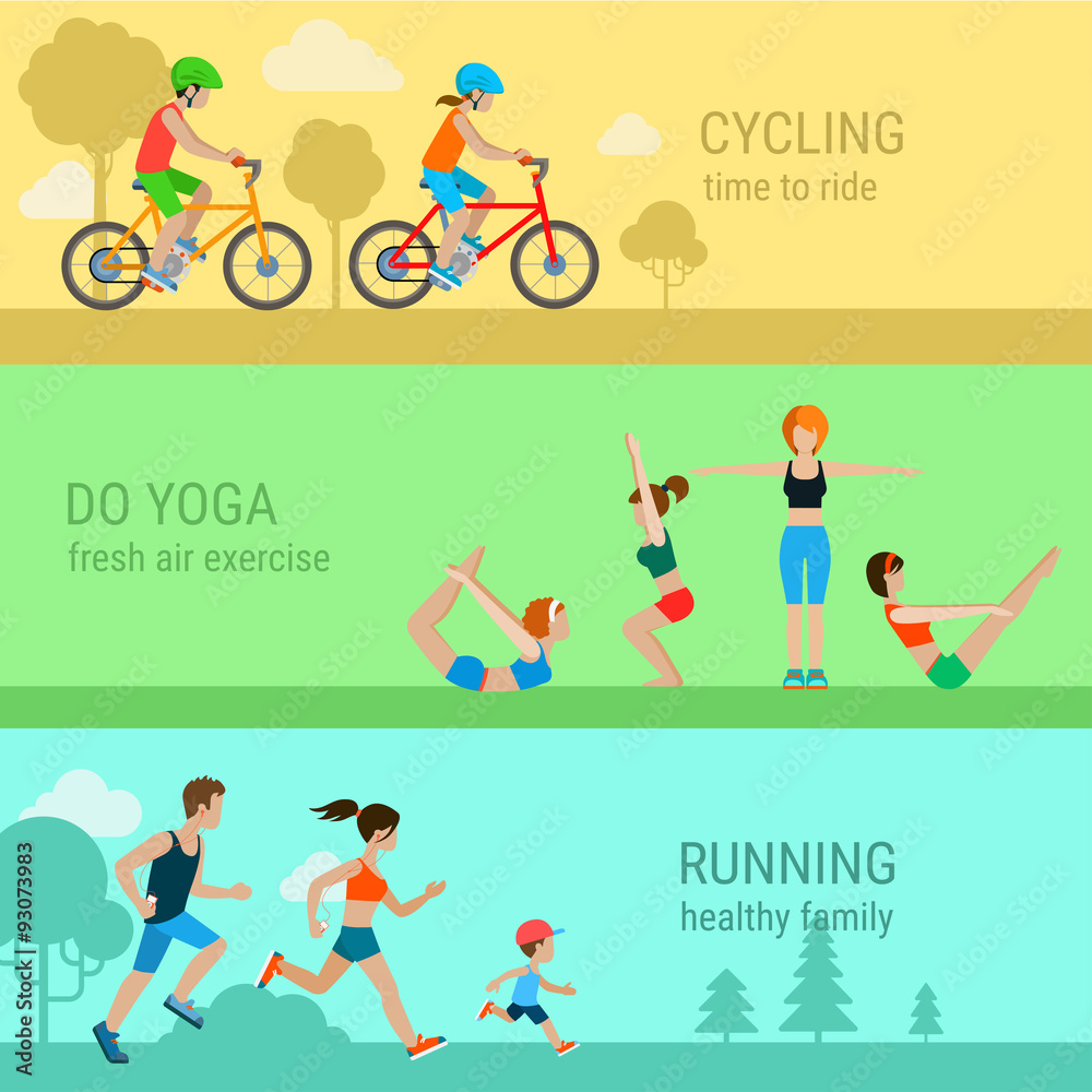 Flat vector sport outdoor activities: cycling yoga running