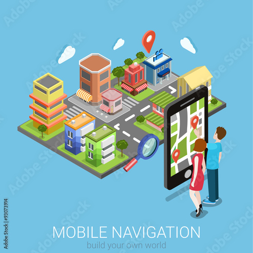 Flat isometric vector mobile navigation: GPS map city smartphone