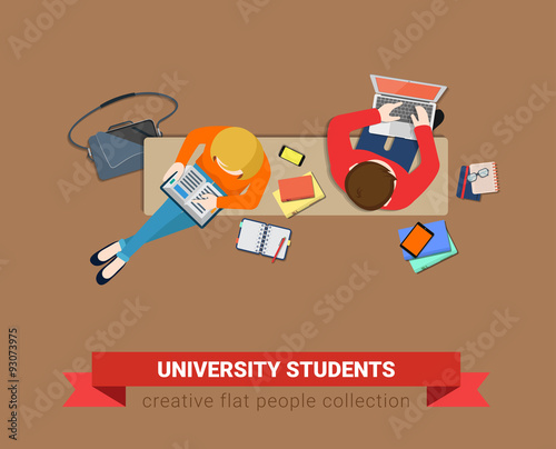 Students study on bench: education flat vector laptop book