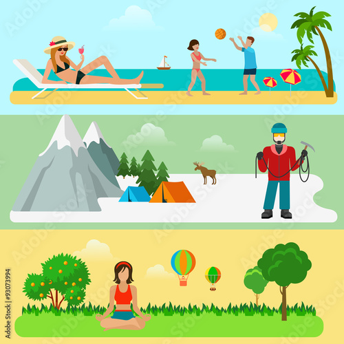 Flat style modern set of outdoor activities. Summer beach vacation winter mountain rock climbing hiking alone with nature yoga in park. Healthy lifestyle infographics concept collection.