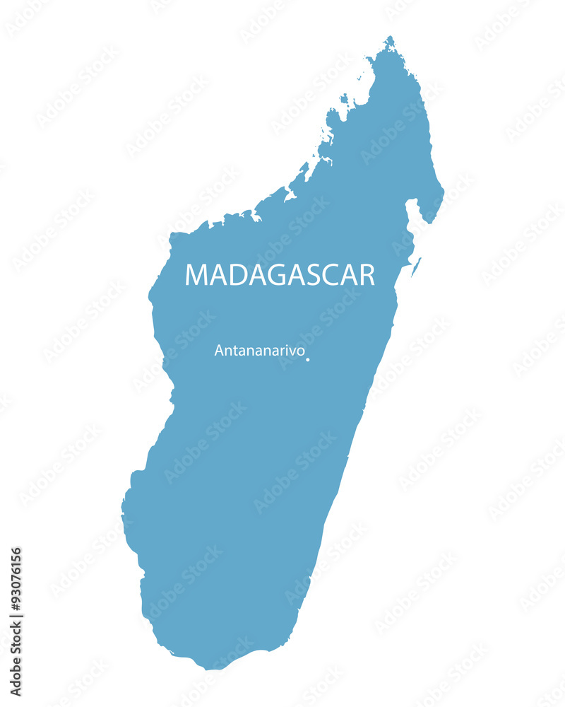 blue vector map of Madagascar with indication of Antananarivo