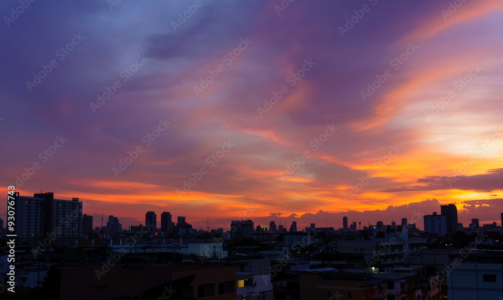 view of Bangkok downtown city night lights with sunset view of Bangkok downtown city night lights with sunset