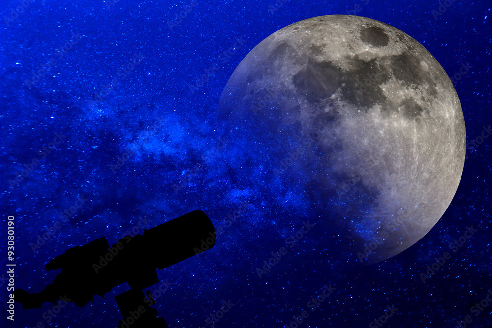 Silhouette of Telescope under the stars and Full moon. Silhouette of Telescope under the stars and Full moon.