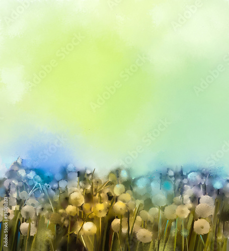 Abstract oil painting white flowers field in soft color. Oil paintings white dandelion flower in the meadows. Spring floral seasonal nature with blue -green in background © nongkran_ch