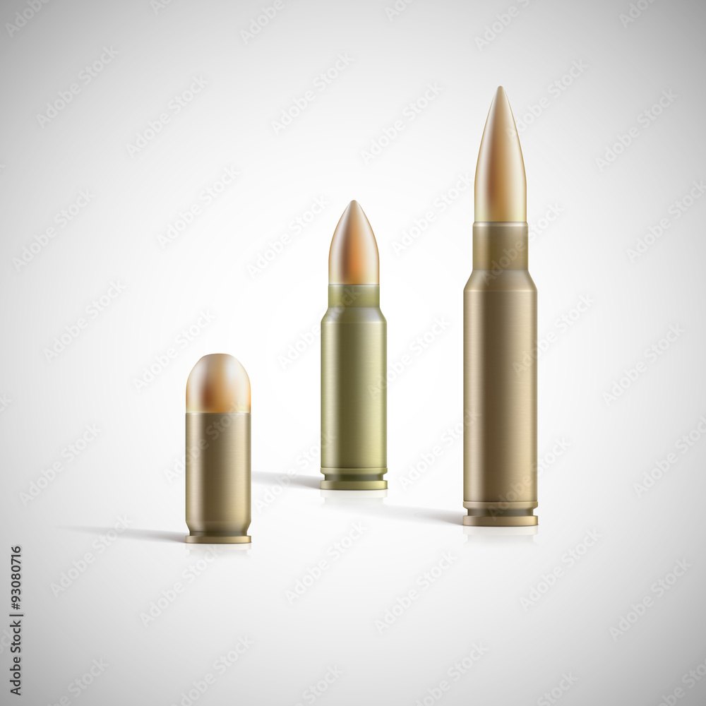 Rifle and pistol bullets isolated on white background
