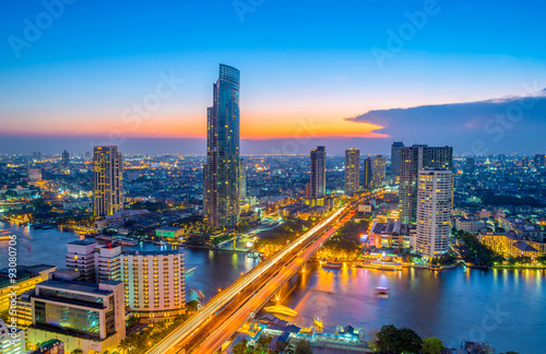 Landscape of river in Bangkok cityscape in night time