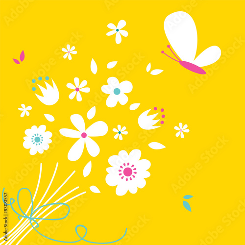 Cute yellow flowers and butterfly vector illustration. Can be used for Greeting card, invitation, mothers day, wedding. EPS 10 and hi-res jpg included 