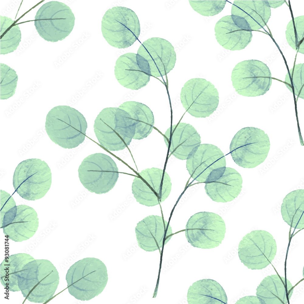 Branches with round leaves. Watercolor background. Seamless pattern 4