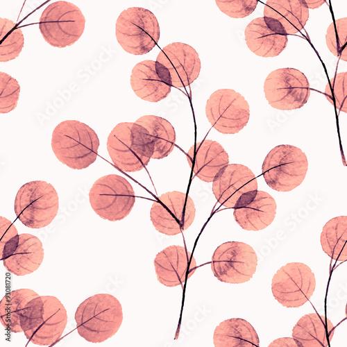Branches with round leathes. Watercolor background. Seamless pattern 2