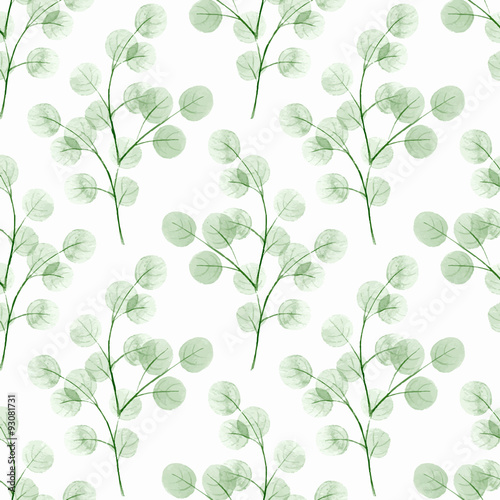 Branches with round leathes. Watercolor background. Seamless pattern 3