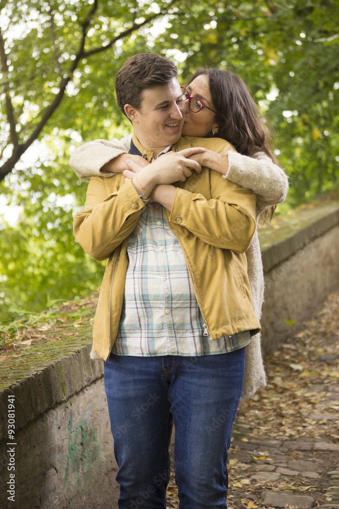Fototapeta premium Sweet portrait, girlfriend and boyfriend lovely cuddle and huggi