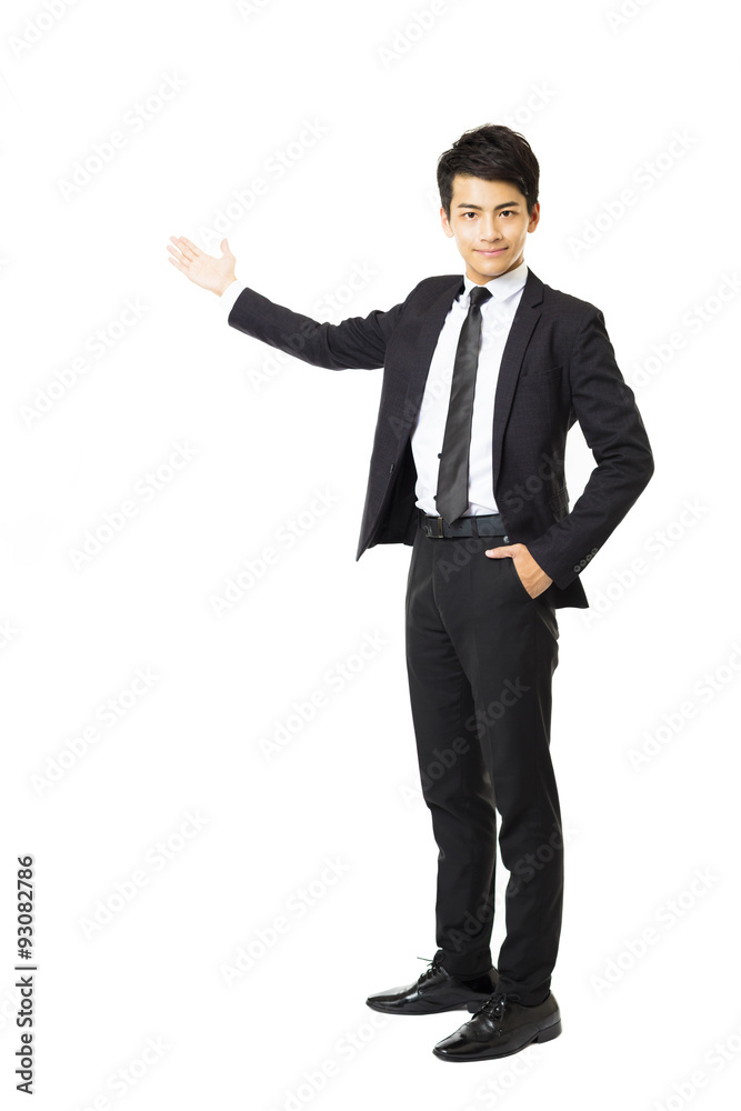 full length of young business man presenting something full length of young business man presenting something