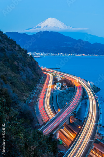 View of Tomai expressway and Suruga bay with mountain fuji at Shizuoka prefecture