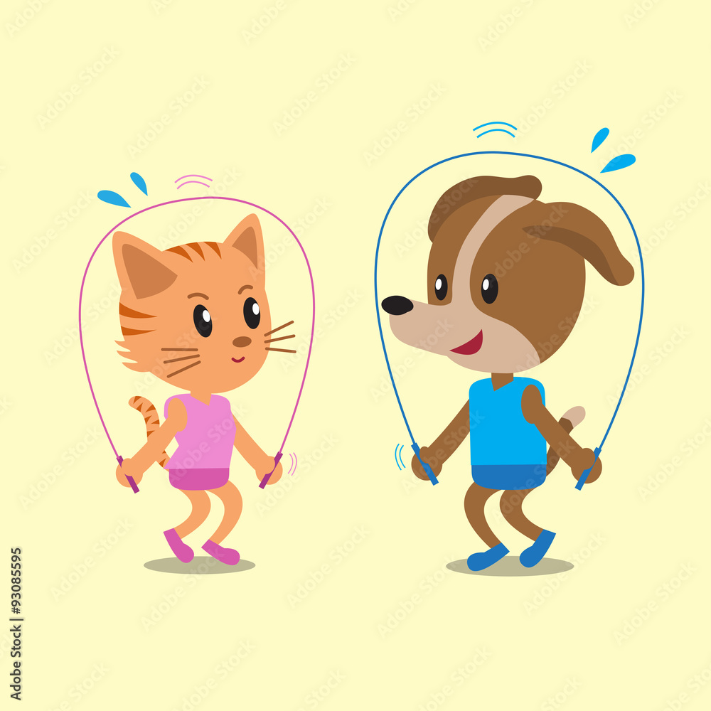 Cartoon a cat and a dog jumping ropes together Cartoon a cat and a dog jumping ropes together