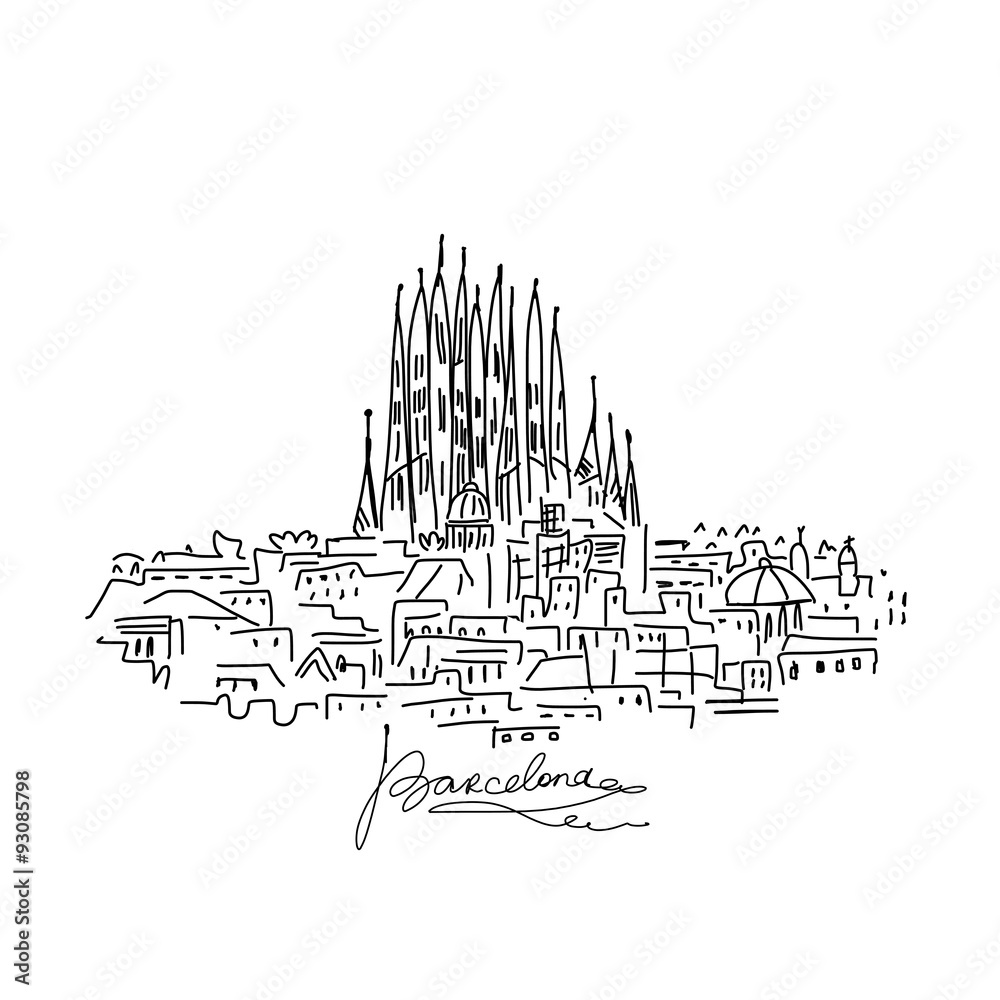 Fototapeta premium Barcelona cityscape with Sagrada Familia, sketch for your design