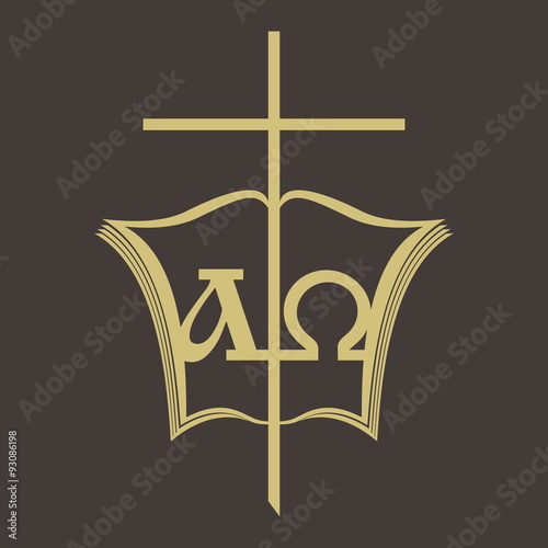 Church logo. Alpha and Omega, Bible, and cross