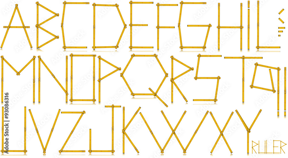 Fototapeta premium Typeface - Old Yellow Meter Ruler / Old wooden yellow meter ruler in the shape of letters and punctuation marks. Isolated on white background.