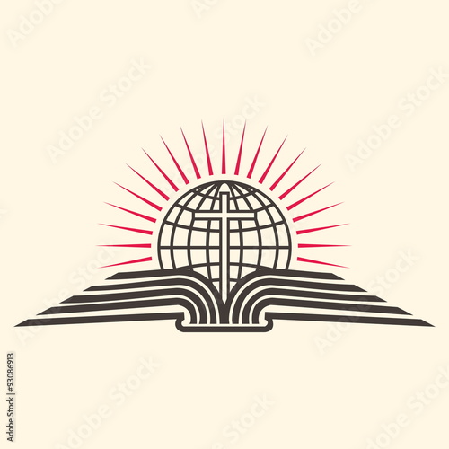 Church logo. Globe, cross, open Bible, icon