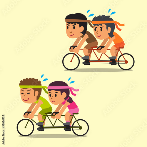 Cartoon sport people ride tandem bicycles