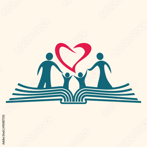 Church logo. Family standing on pages of a Bible and heart icon