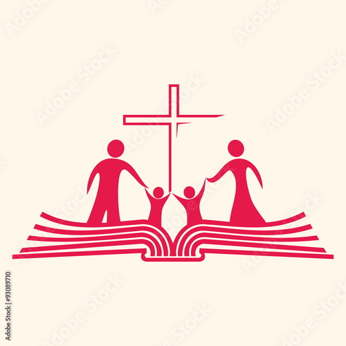Church logo. Family standing on pages of a Bible and cross icon
