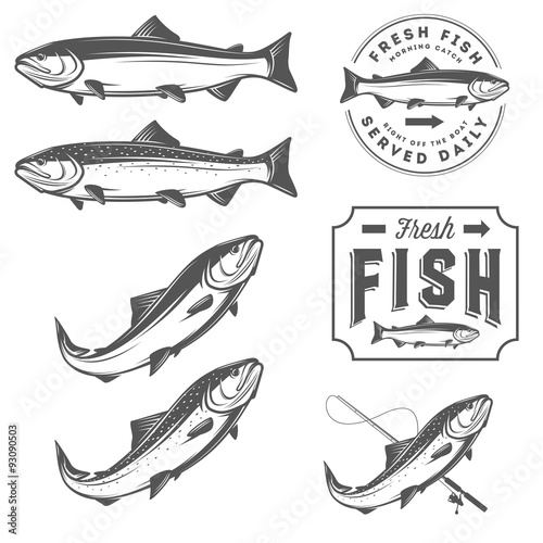 Vintage fresh fish salmon emblems, badges and design elements set