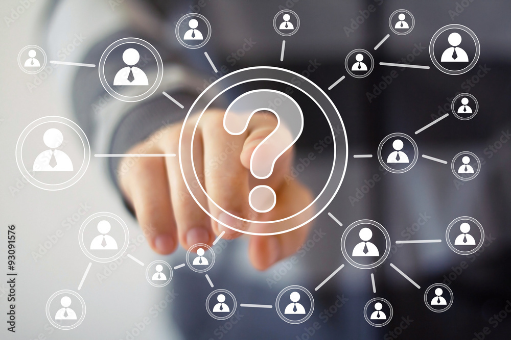 Businessman touch button web interface question online Businessman touch button web interface question online