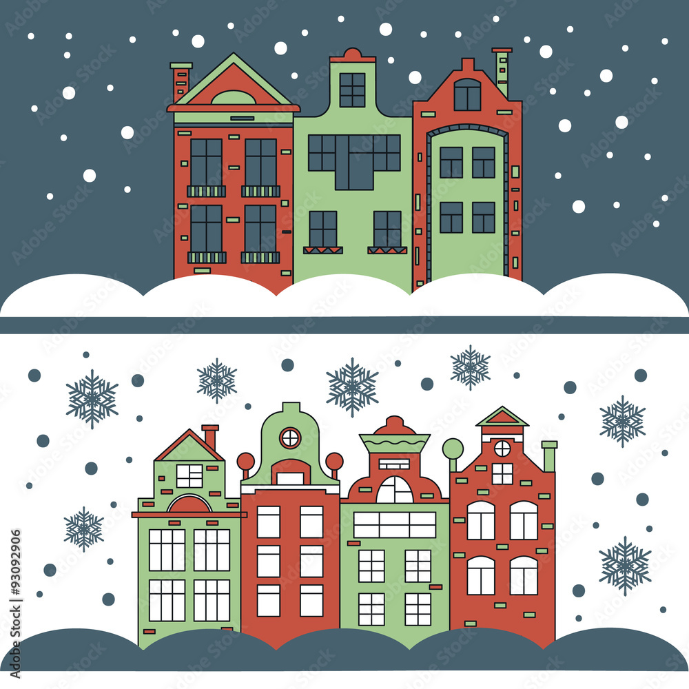 Design of greeting card with  houses in winter.