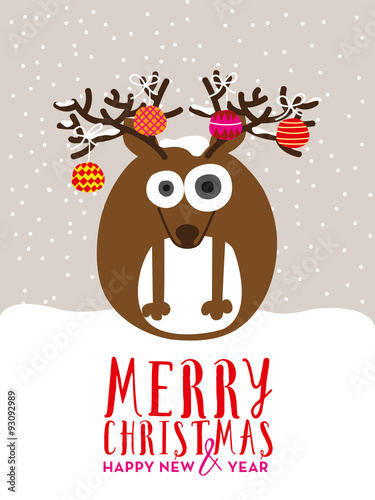 Christmas greeting card with reindeer and christmas balls. Vector design. 