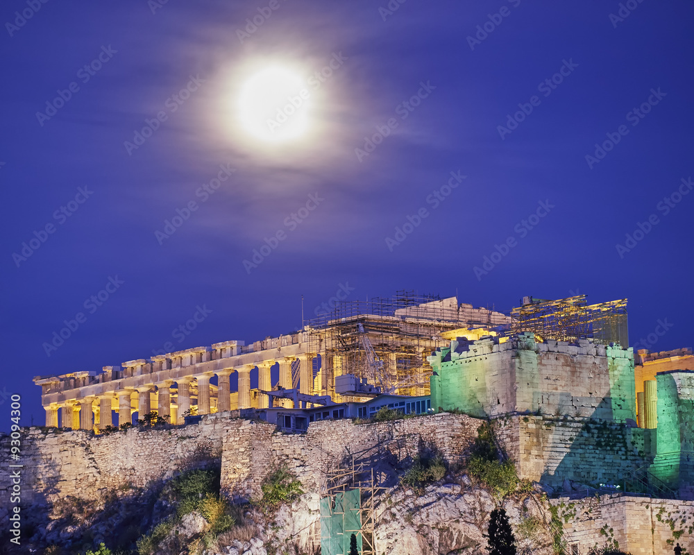 Athens Greece, acropolis illuminated under full moon