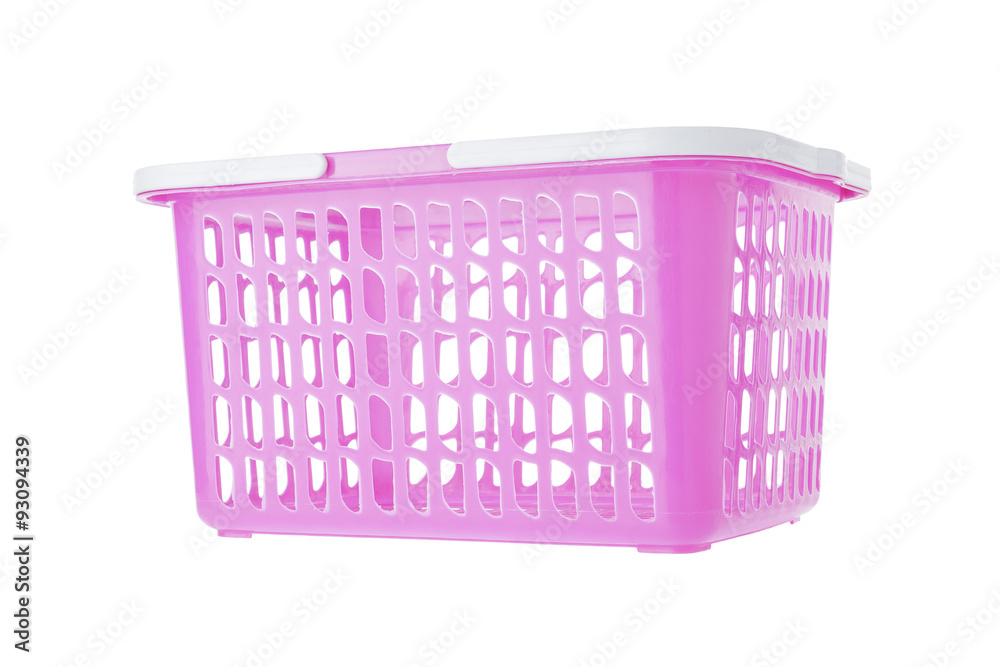 Fototapeta premium Empty pink plastic shopping basket on white background
