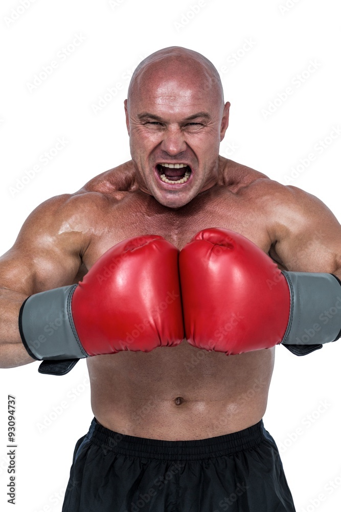 Aggressive fighter flexing muscles in gloves