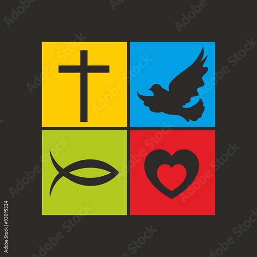 Church logo. Cross, dove, heart and fish Jesus